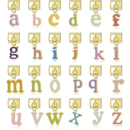 Colorful Golden Letters Charms – individual lowercase alphabet letter charms in pastel enamel colors with gold trim, Italian charm bracelet charms by Charmtastic