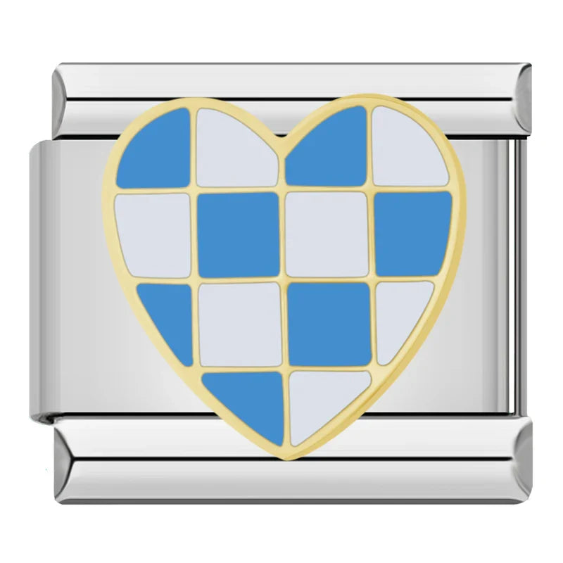 Colorful Heart, Cheers & Football Charm – blue and white checkered heart enamel charm, Italian charm bracelet charm by Charmtastic