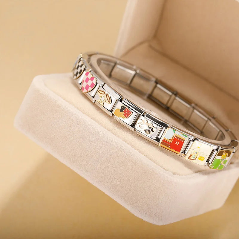 Colorful Heart, Cheers & Football Charm – charm bracelet in a gift box showing checkered heart, playing cards, curtain and soccer player charms, Italian charm bracelet by Charmtastic