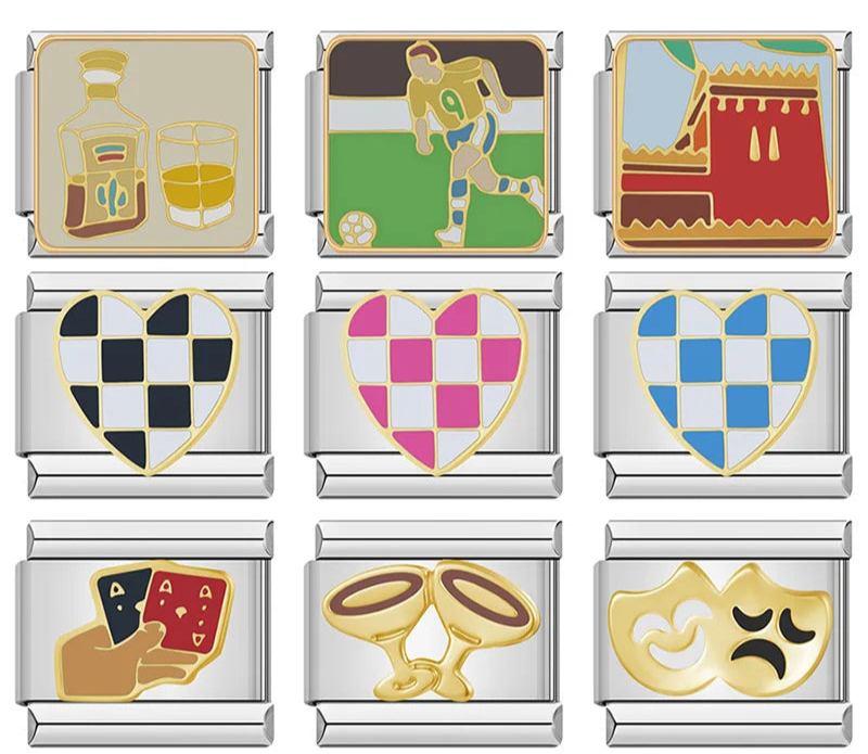 Colorful Heart, Cheers & Football Charm – overview of enamel charms: whiskey bottle and glass, soccer player, red theater curtain, checkered hearts in black, pink and blue, playing cards, champagne glasses, and comedy-tragedy masks, Italian charm bracelet charms by Charmtastic