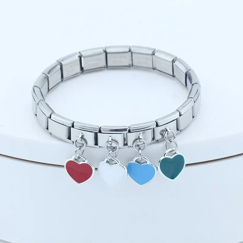 colorful heart designs dangle charms silver – Italian charm bracelet with red, white, blue and teal heart charms by Charmtastic