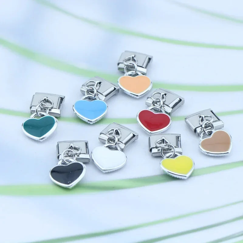 colorful heart designs dangle charms silver – assorted heart charms in eight colors, Italian charm bracelet charms by Charmtastic