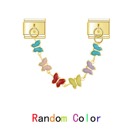 Colorful Heart Eye Round charms in GOLD – gold safety chain with multicolor enamel butterfly links, Italian charm bracelet safety chain by Charmtastic