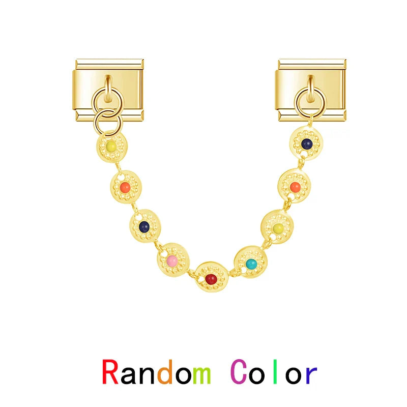 Colorful Heart Eye Round charms in GOLD – gold safety chain with multicolor round disc links, Italian charm bracelet safety chain by Charmtastic