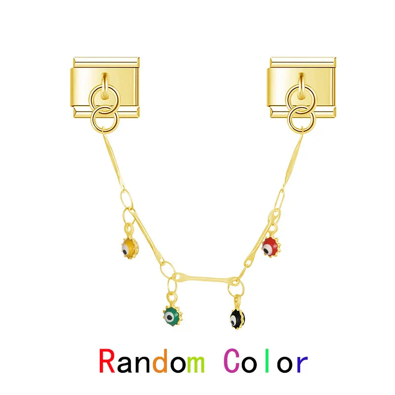 Colorful Heart Eye Round charms in GOLD – gold dangle chain with multicolor evil eye bead charms, Italian charm bracelet safety chain by Charmtastic