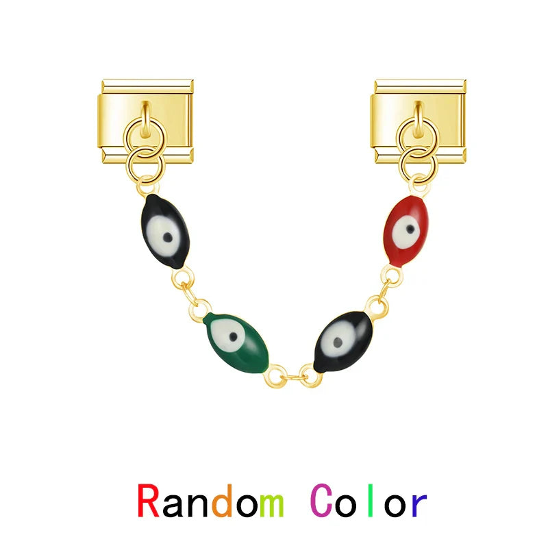Colorful Heart Eye Round charms in GOLD – gold safety chain with multicolor evil eye bead links, Italian charm bracelet safety chain by Charmtastic