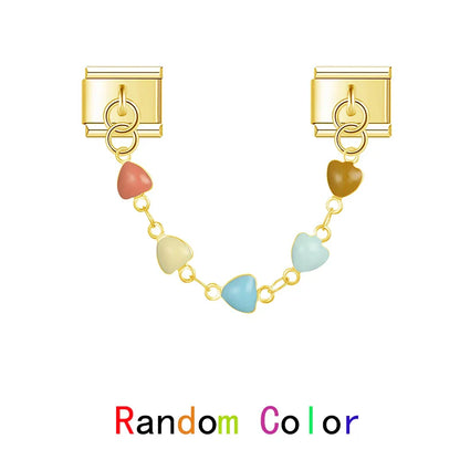 Colorful Heart Eye Round charms in GOLD – gold safety chain with multicolor enamel heart links, Italian charm bracelet safety chain by Charmtastic