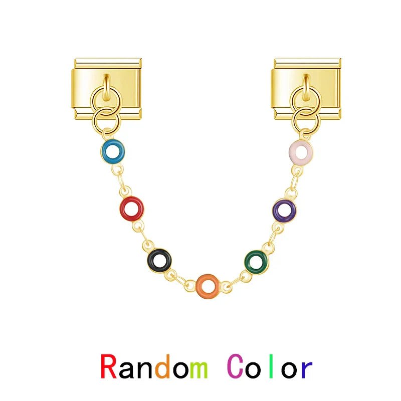 Colorful Heart Eye Round charms in GOLD – gold safety chain with multicolor enamel ring links, Italian charm bracelet safety chain by Charmtastic
