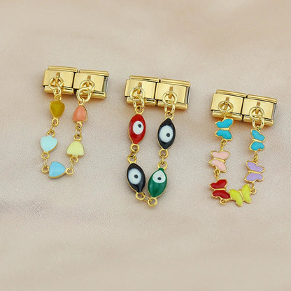 Colourful heart, eye and round enamel safety chain links — gold Italian charm, by Charmtastic