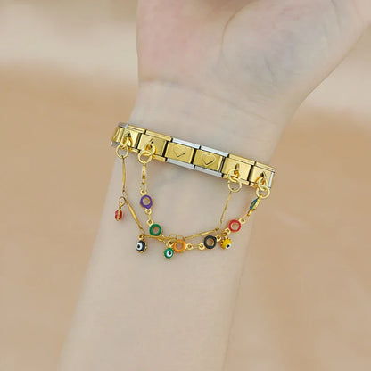 Colourful heart and evil eye gold safety chain links detail — Italian charm, by Charmtastic