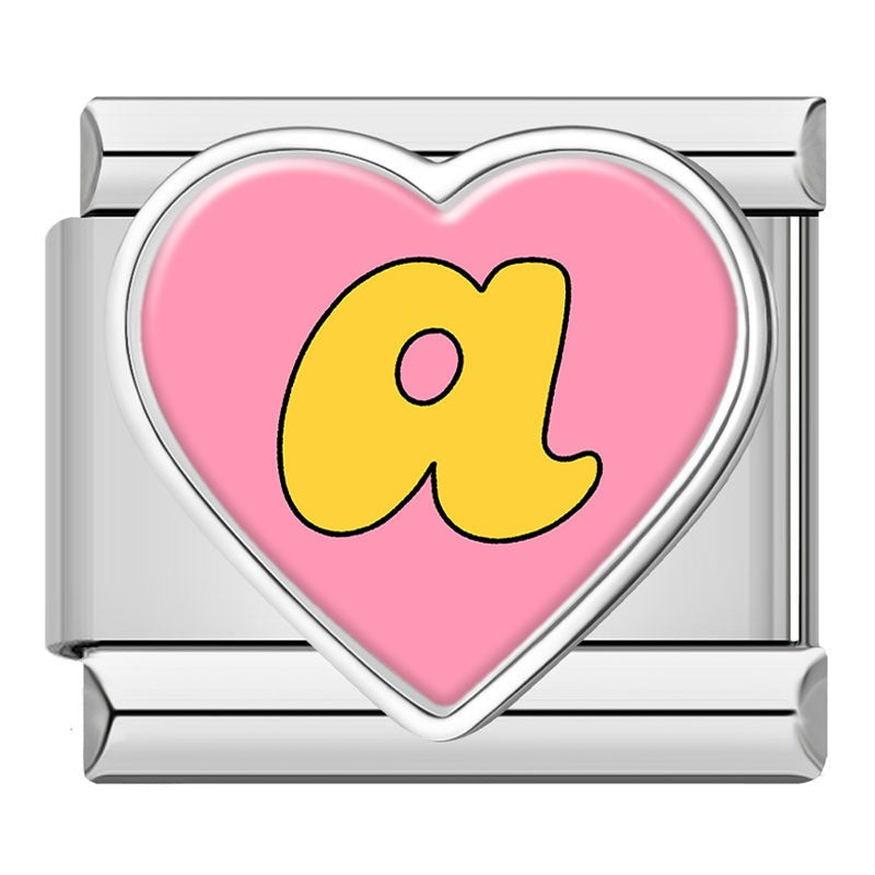 Colorful Heart Letters Initials Italian Charms – yellow letter a on pink heart-shaped enamel charm, Italian charm bracelet charm by Charmtastic