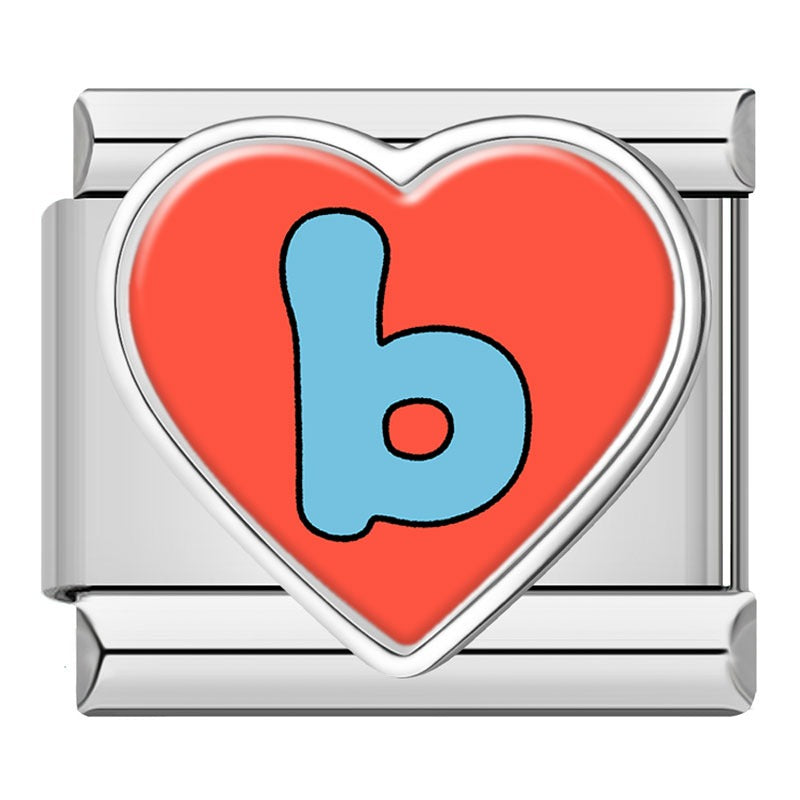 Colorful Heart Letters Initials Italian Charms – blue letter b on red heart-shaped enamel charm, Italian charm bracelet charm by Charmtastic