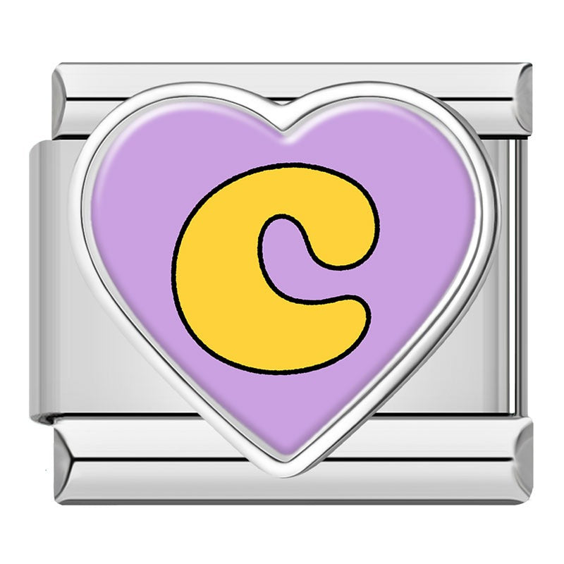 Colorful Heart Letters Initials Italian Charms – yellow letter c on purple heart-shaped enamel charm, Italian charm bracelet charm by Charmtastic