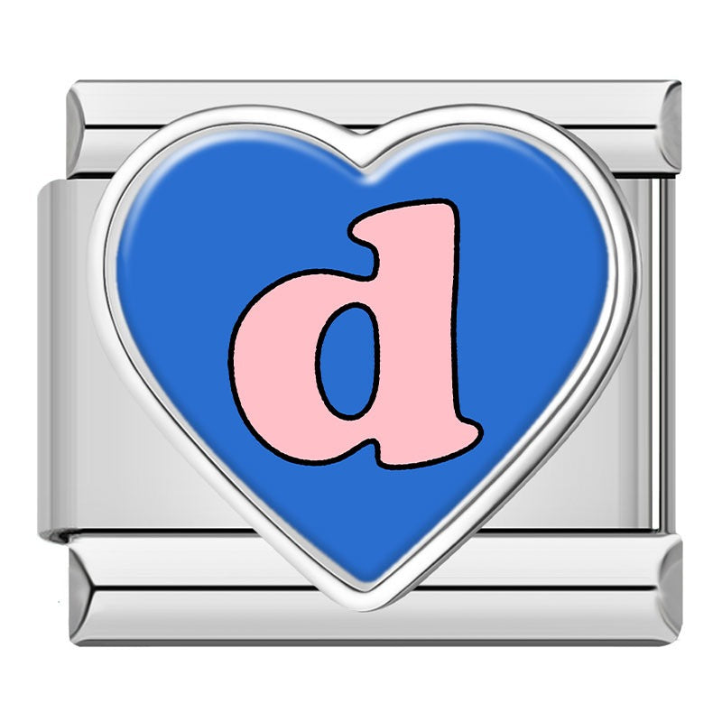 Colorful Heart Letters Initials Italian Charms – pink letter d on blue heart-shaped enamel charm, Italian charm bracelet charm by Charmtastic