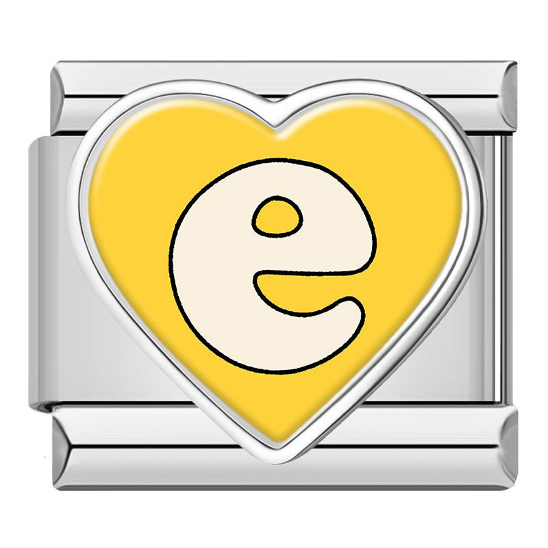 Colorful Heart Letters Initials Italian Charms – cream letter e on yellow heart-shaped enamel charm, Italian charm bracelet charm by Charmtastic