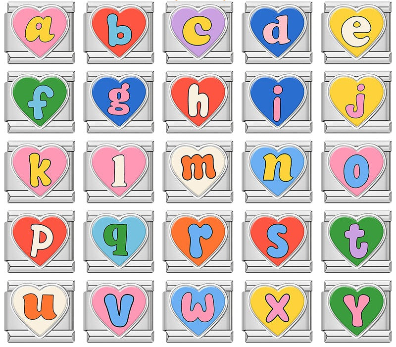 Colorful Heart Letters Initials Italian Charms – overview of 25 silver heart-shaped enamel letter charms a through y in assorted colors, Italian charm bracelet charms by Charmtastic
