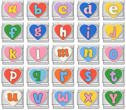 Colorful Heart Letters Initials Italian Charms – overview of 25 silver heart-shaped enamel letter charms a through y in assorted colors, Italian charm bracelet charms by Charmtastic