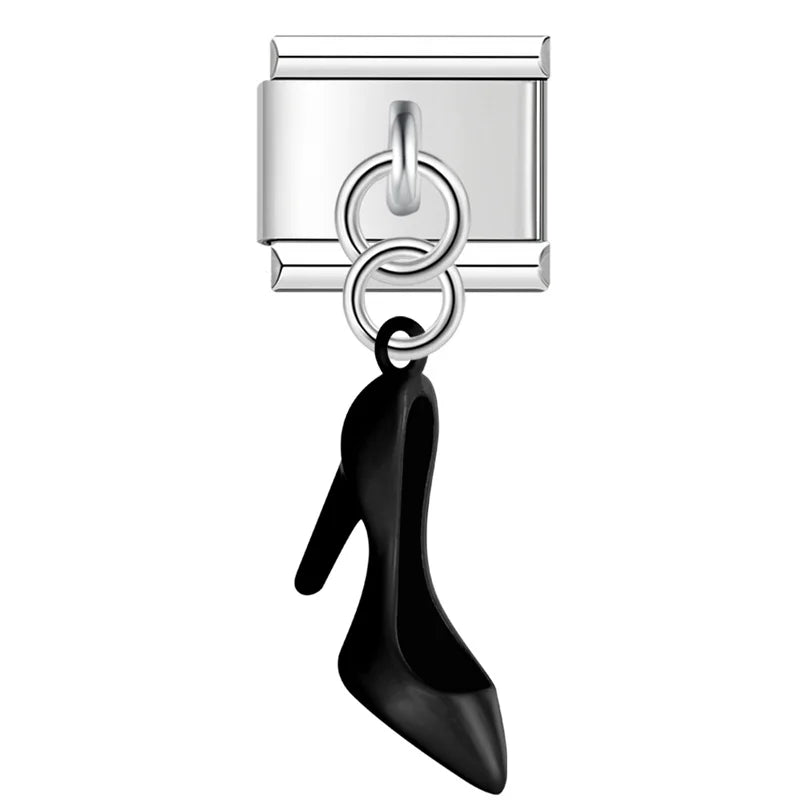 Colorful High Heels dangle charms – black enamel high-heel shoe dangle charm, Italian charm bracelet charm by Charmtastic
