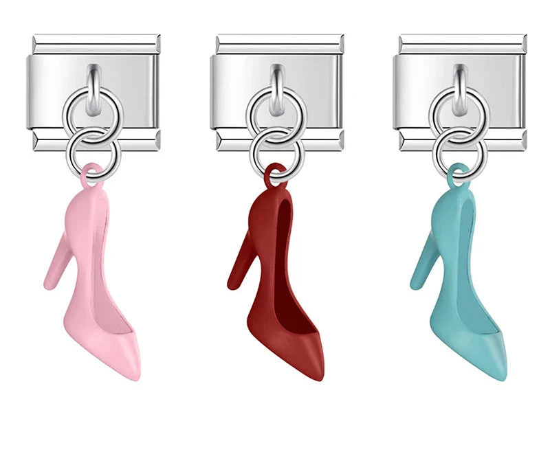 Colorful High Heels dangle charms – assorted colored enamel high-heel shoe dangle charms in pink, red, teal, black, and white, Italian charm bracelet charms by Charmtastic