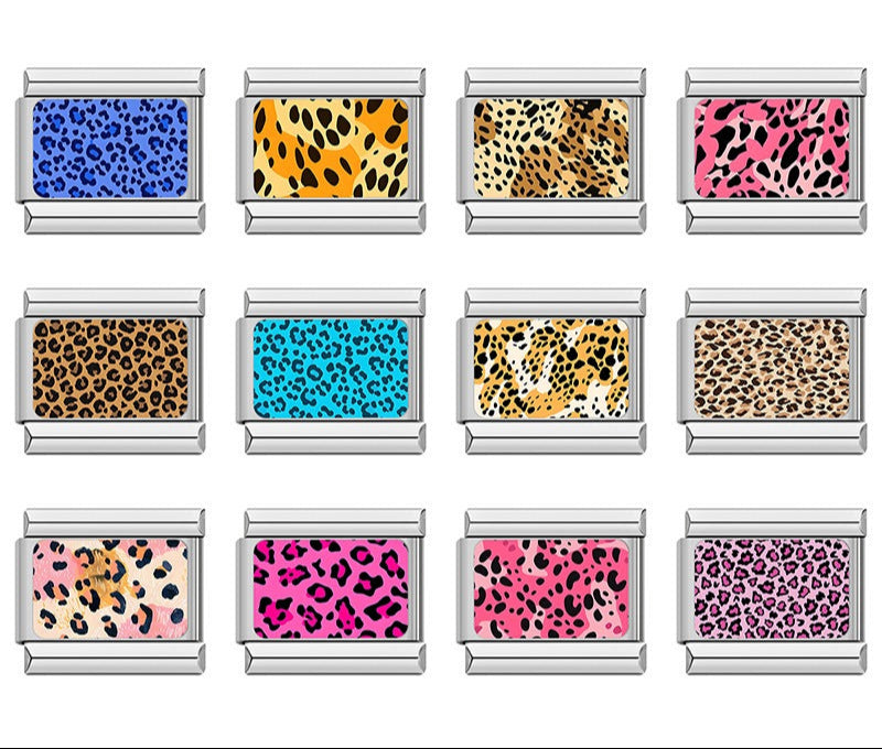 Colorful Leopard Print Italian Charms – overview of 12 rectangular enamel charms in leopard print patterns: blue, orange, tan, pink, brown, turquoise, orange-cream, tan-brown, peach, hot pink, coral pink, and purple leopard spots, Italian charm bracelet charms by Charmtastic