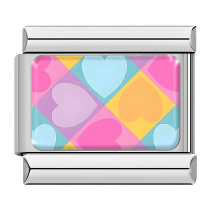 Colorful Rainbow & Floral Pattern Charms – pastel harlequin diamond pattern with hearts enamel charm, second view, Italian charm bracelet charm by Charmtastic