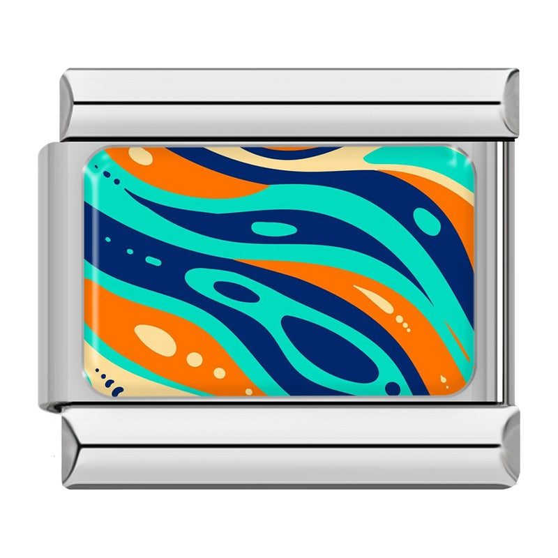 Colorful Retro Trippy Swirl & Psychedelic Pattern Italian Charms – second view of teal, orange and navy wave swirl pattern enamel charm, Italian charm bracelet charm by Charmtastic