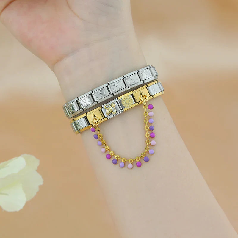 Colorful gemstone safety chain links styled on a gold Italian charm bracelet, by Charmtastic