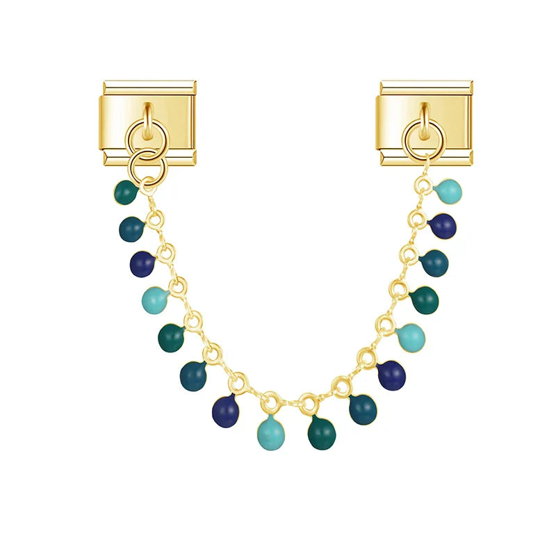 Teal and navy gemstone round chain link — gold Italian charm safety chain, by Charmtastic