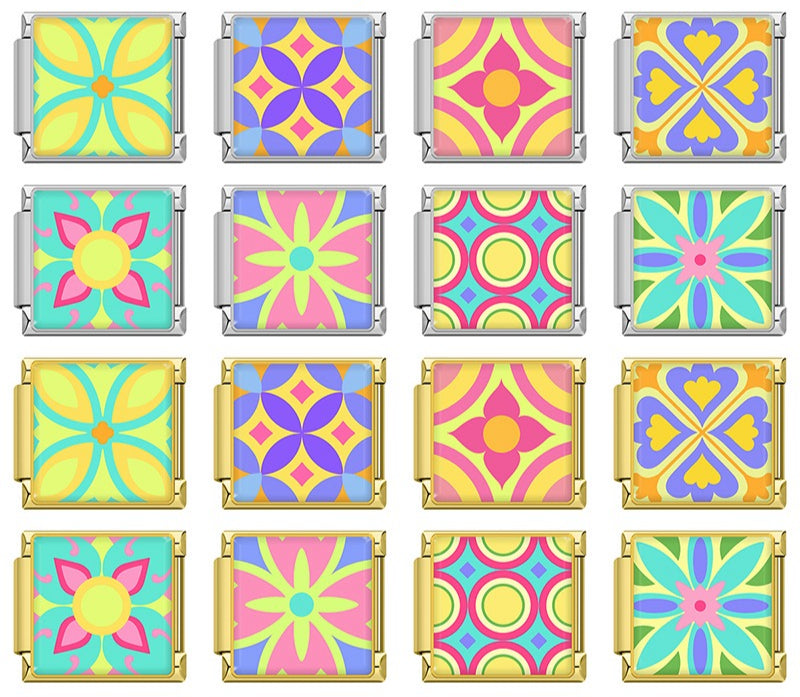 Colorful Vibrant Mosaic Tile Pattern Italian Charms – overview of 16 square enamel charms with vibrant mosaic tile patterns in silver and gold frames, various color combinations of teal, purple, pink, yellow, orange, and green, Italian charm bracelet charms by Charmtastic