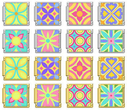 Colorful Vibrant Mosaic Tile Pattern Italian Charms – overview of 16 square enamel charms with vibrant mosaic tile patterns in silver and gold frames, various color combinations of teal, purple, pink, yellow, orange, and green, Italian charm bracelet charms by Charmtastic