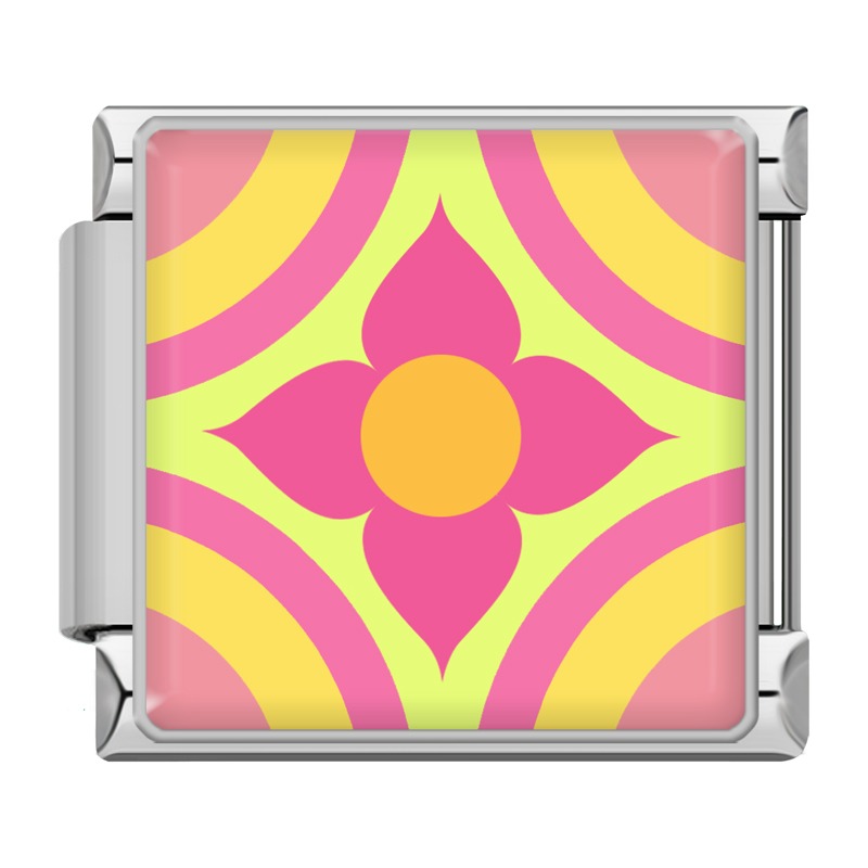Colorful Vibrant Mosaic Tile Pattern Italian Charms – pink and yellow flower mosaic tile pattern on silver-framed enamel charm, Italian charm bracelet charm by Charmtastic