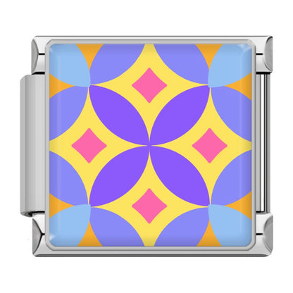 Colorful Vibrant Mosaic Tile Pattern Italian Charms – purple, yellow and pink diamond mosaic tile pattern on silver-framed enamel charm, Italian charm bracelet charm by Charmtastic