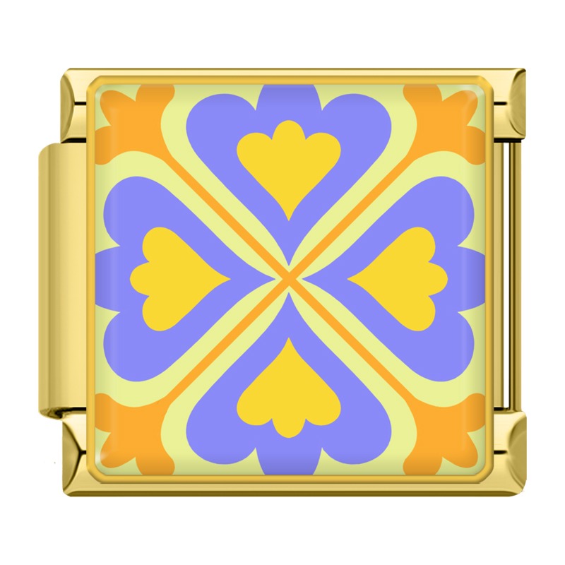 Colorful Vibrant Mosaic Tile Pattern Italian Charms – purple and yellow heart-petal mosaic tile pattern on gold-framed enamel charm, Italian charm bracelet charm by Charmtastic