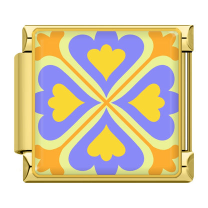 Colorful Vibrant Mosaic Tile Pattern Italian Charms – purple and yellow heart-petal mosaic tile pattern on gold-framed enamel charm, Italian charm bracelet charm by Charmtastic