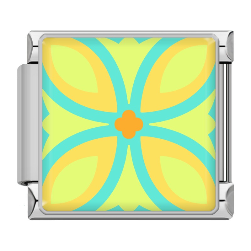 Colorful Vibrant Mosaic Tile Pattern Italian Charms – teal and orange petal mosaic tile pattern on silver-framed enamel charm, Italian charm bracelet charm by Charmtastic