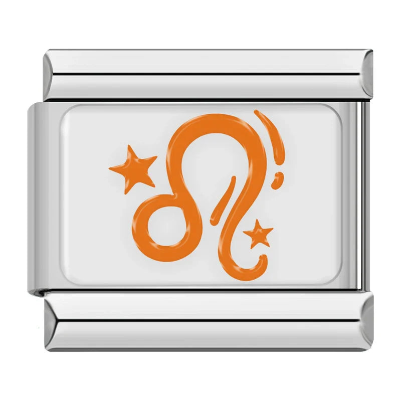 Colorful Zodiac and Astrology Italian Charms – orange Leo lion zodiac symbol with stars enamel charm, Italian charm bracelet charm by Charmtastic