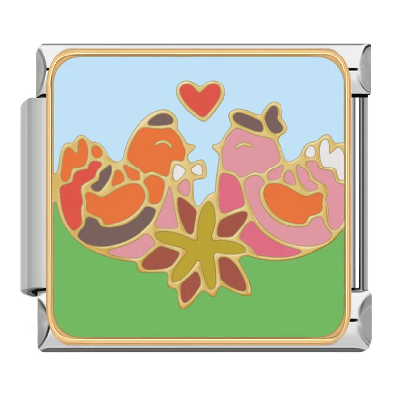 Colors Be Mine Love Earth Charms – two orange and pink birds facing each other with a red heart above enamel charm, Italian charm bracelet charm by Charmtastic