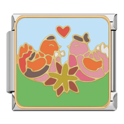 Colors Be Mine Love Earth Charms – two orange and pink birds facing each other with a red heart above enamel charm, Italian charm bracelet charm by Charmtastic