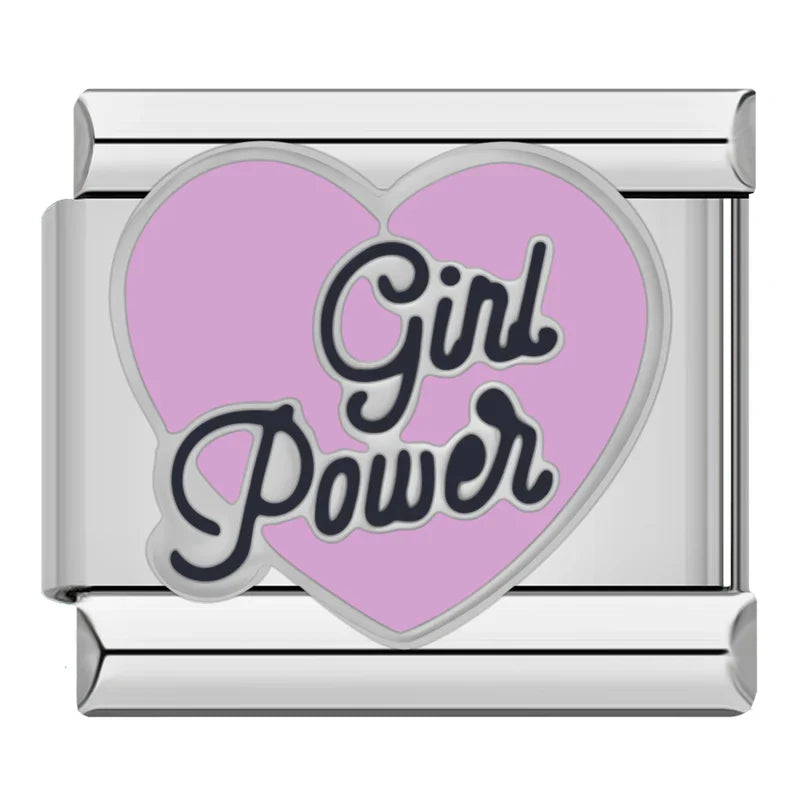 Colors Be Mine Love Earth Charms – Girl Power text on pink heart enamel charm, Italian charm bracelet charm by Charmtastic