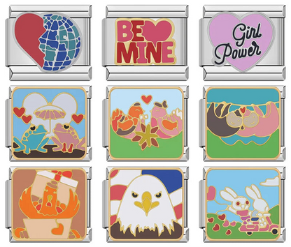Colors Be Mine Love Earth Charms – overview of 9 enamel charms: heart-earth globe, Be Mine, Girl Power heart, frogs under umbrella, birds in love, sloths hugging, autumn harvest basket, bald eagle, and bunnies on a scooter, Italian charm bracelet charms by Charmtastic