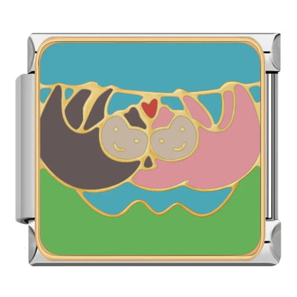 Colors Be Mine Love Earth Charms – two sloths hugging on a branch with a small red heart enamel charm, Italian charm bracelet charm by Charmtastic