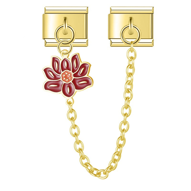 Colors Lotus Flower Fan Chain silver&gold – gold safety chain charm with maroon enamel lotus flower, Italian charm bracelet safety chain by Charmtastic