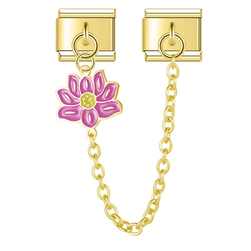 Colors Lotus Flower Fan Chain silver&gold – gold safety chain charm with pink enamel lotus flower, Italian charm bracelet safety chain by Charmtastic