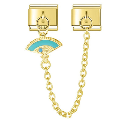 second view of Colors Lotus Flower Fan Chain silver&gold – gold safety chain charm with teal enamel fan, Italian charm bracelet safety chain by Charmtastic