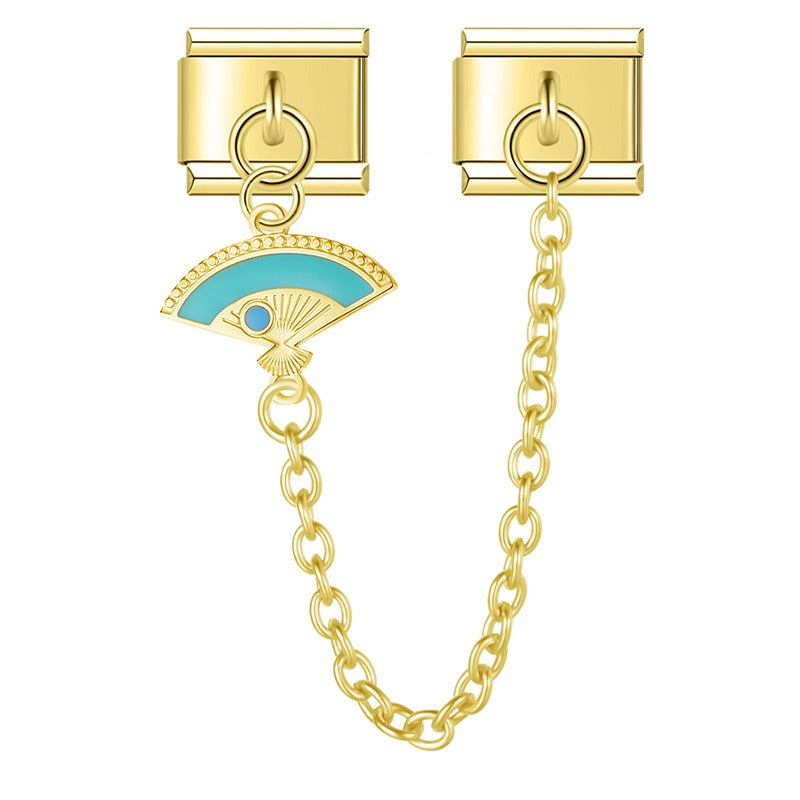 Colors Lotus Flower Fan Chain silver&gold – gold safety chain charm with teal enamel fan, Italian charm bracelet safety chain by Charmtastic