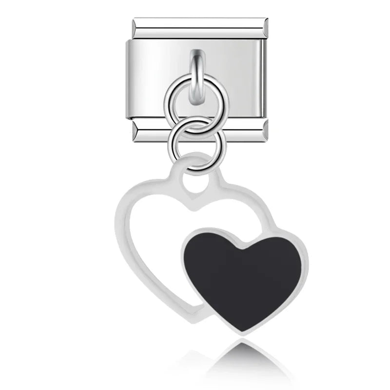 Colour Heart Love Palm Charms – double heart charm with black filled heart, Italian charm bracelet charm by Charmtastic