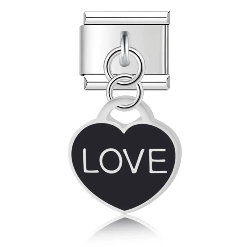 Colour Heart Love Palm Charms – LOVE heart tag charm in black, Italian charm bracelet charm by Charmtastic