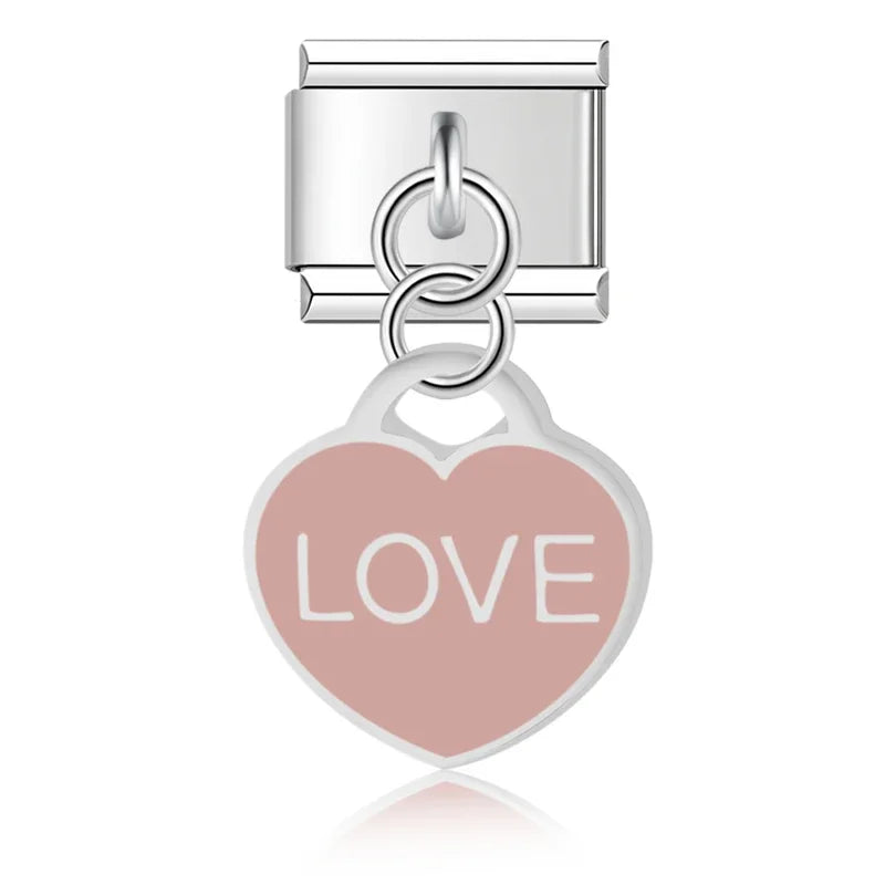 Colour Heart Love Palm Charms – LOVE heart tag charm in dusty rose, Italian charm bracelet charm by Charmtastic