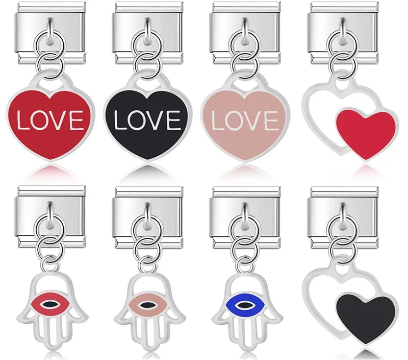Colour Heart Love Palm Charms – LOVE heart tag, double heart, and hamsa hand charms in assorted colors, Italian charm bracelet charms by Charmtastic