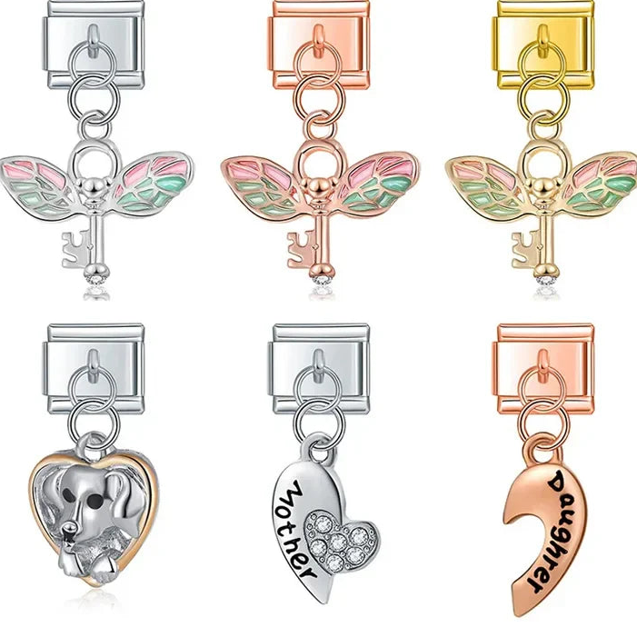Colour Wing Key Heart Dog Charms – winged key, dog-in-heart, and Mother Daughter split heart charm designs in silver, rose gold, and gold, Italian charm bracelet charms by Charmtastic
